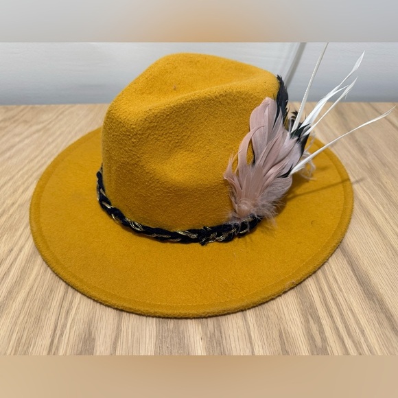 Mustard Yellow Feathered Panama Hat - Picture 4 of 6